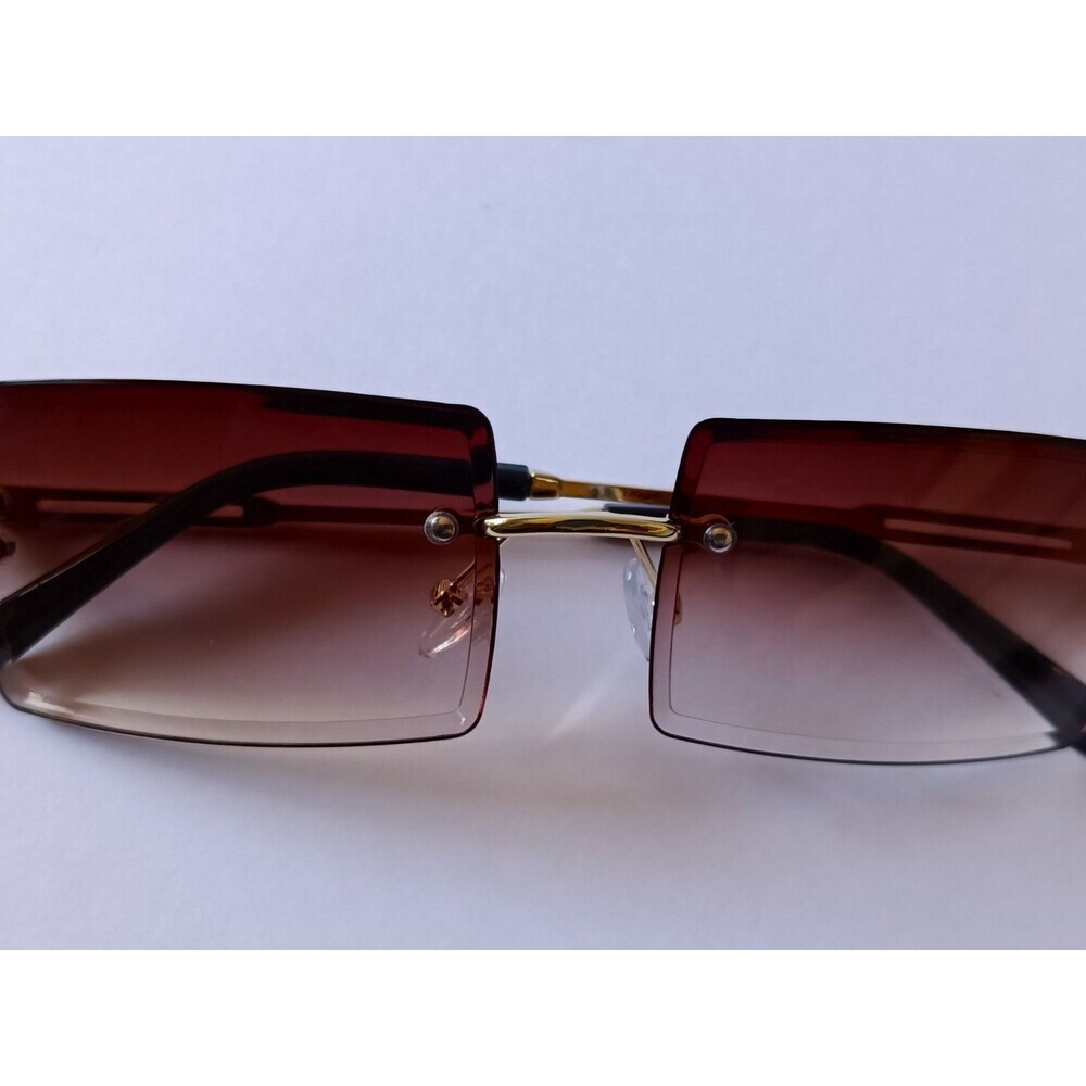 Rimless Rectangular Sunglasses Brown Tint Unisex Metal Frame - Picture 2 of 7